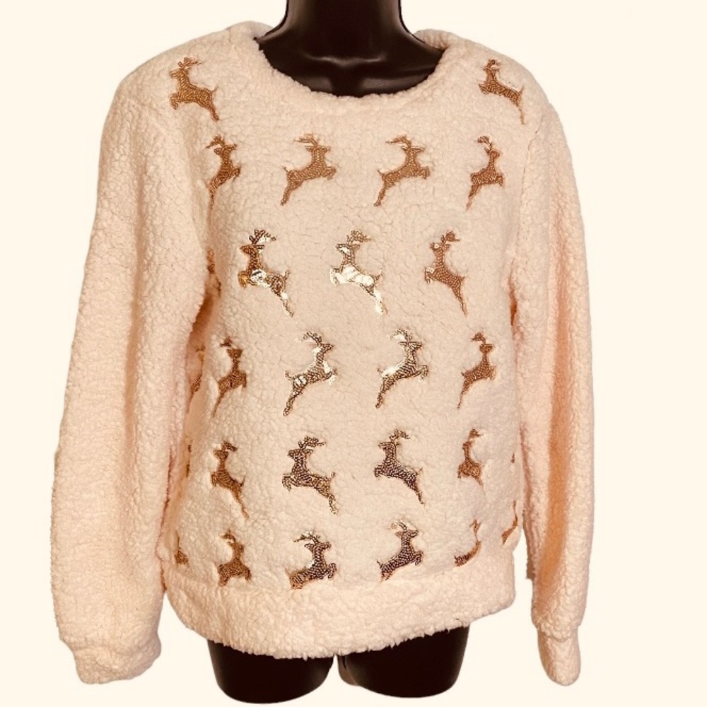 Faux Sherpa Sweatshirt Gold Sequined Reindeer Pink Lightweight Women’s Medium